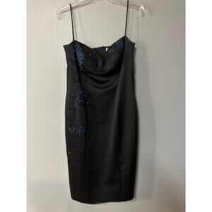 Black Satin Slip Dress Beaded Blue Floral Embroidery Spaghetti Strap  Size 12